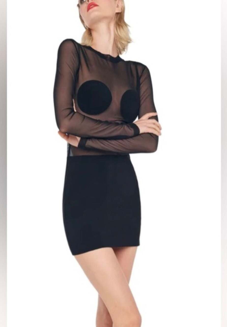 Norma Kamali Dot Dash Mini Dress Black Mesh Size L/40 NWT
